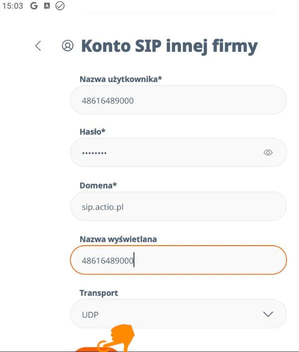 Linphone third-party SIP account configuration fields