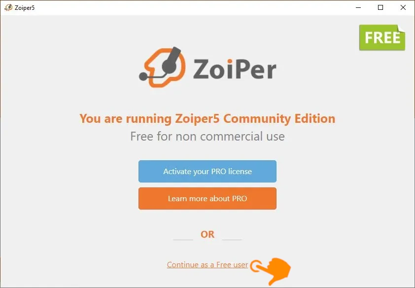 Zoiper - екран вибору версії програми