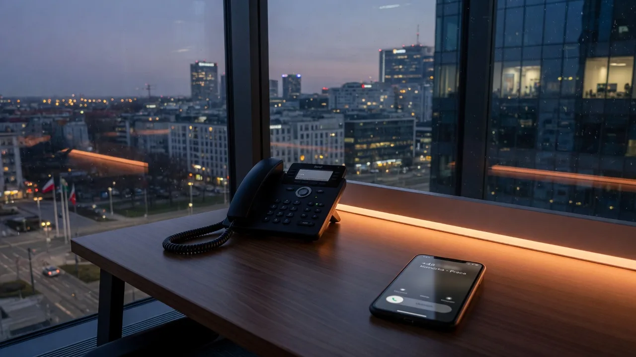 A Polish +48 mobile CLI on a desk next to an IP phone – a number customers actually answer